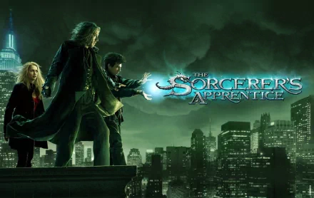 HD PC desktop wallpaper featuring characters from the movie The Sorcerer's Apprentice casting magic against a city skyline at night.