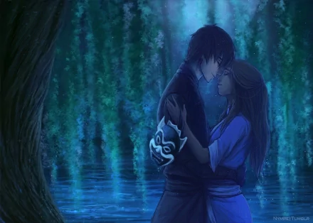 A romantic scene under a starry night, featuring Katara and Zuko from Avatar: The Last Airbender, embracing by a tranquil blue water backdrop, capturing love and connection in this anime-inspired wallpaper.