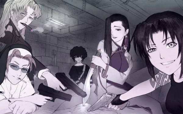 HD anime wallpaper featuring key characters from Black Lagoon, set in a dimly lit, industrial background with a tense, action-ready atmosphere.