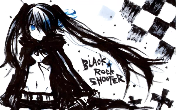 A striking HD anime wallpaper featuring Black Rock Shooter, showcasing her dark aesthetic with flowing hair, intense blue eyes, and a dramatic background of black and white elements.