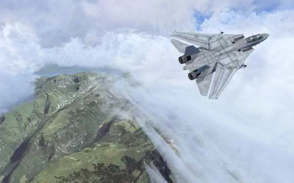 HD PC desktop wallpaper featuring a fighter jet soaring above mountainous terrain and clouds in the video game Microsoft Flight Simulator.