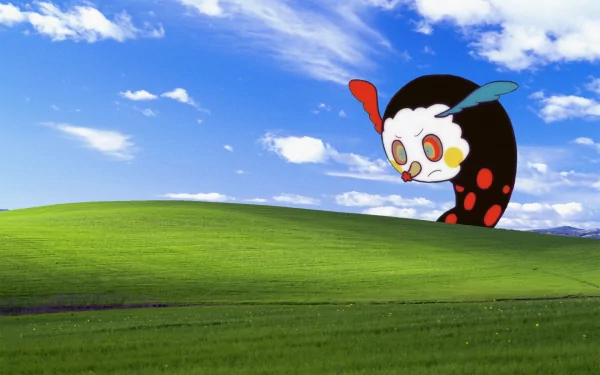 HD PC desktop wallpaper featuring Charlotte from the anime Puella Magi Madoka Magica against a bright blue sky and green rolling hills background.