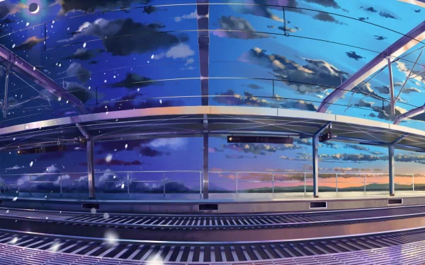 A stunning anime illustration of a train station at dusk, featuring a vibrant sky filled with clouds, creating a serene and enchanting atmosphere. A captivating HD desktop wallpaper.