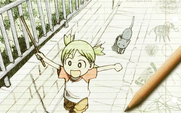 HD PC desktop wallpaper featuring Yotsuba! anime character joyfully walking alongside a cat on a porch, with a pencil drawing the scene.