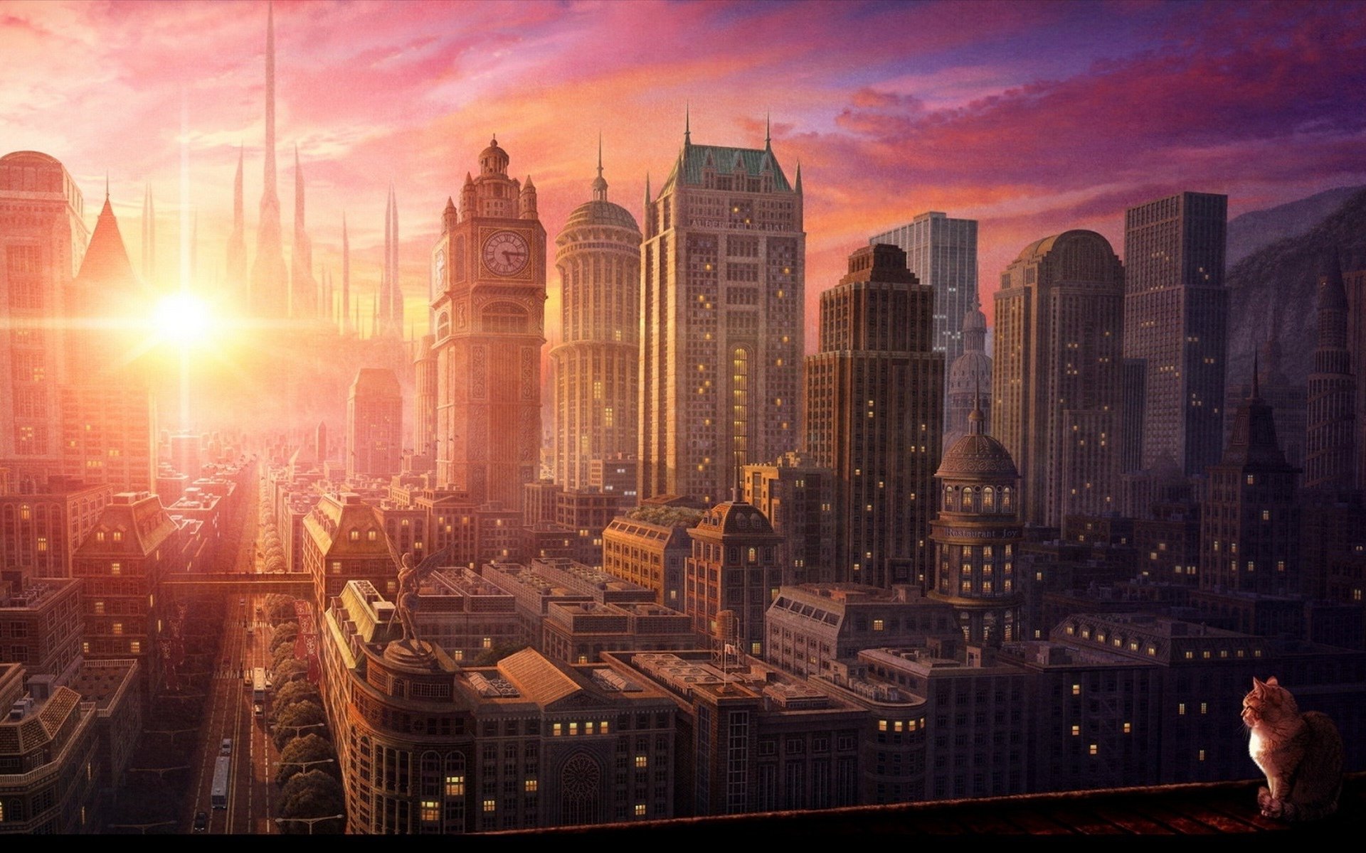 Sunlit Cityscape with Cat - HD Wallpaper