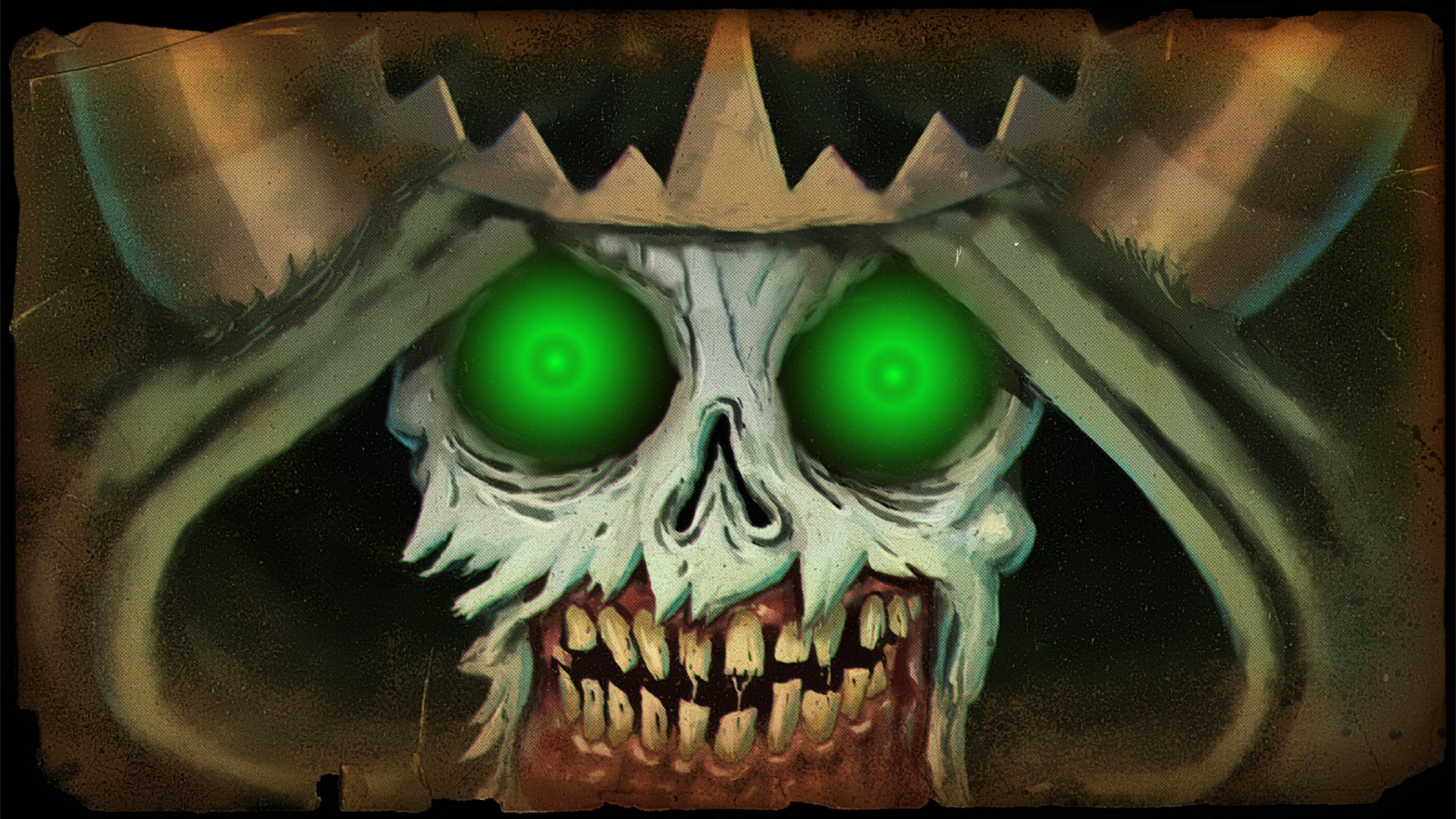 HD PC desktop wallpaper featuring a dark, eerie skull with glowing green eyes and a horned hood, creating a haunting and intense atmosphere.