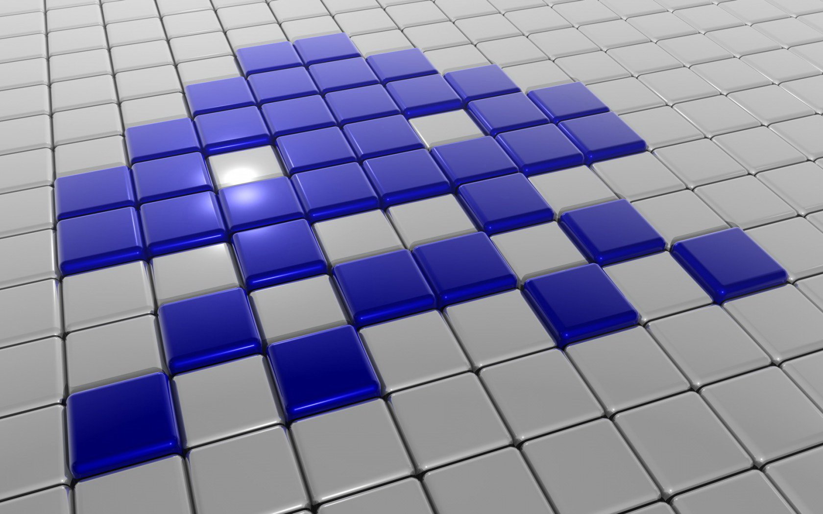 CGI abstract 3D HD PC desktop wallpaper/background: glossy blue pixel mosaic resembling a retro arcade sprite formed from raised square tiles on a metallic grid.