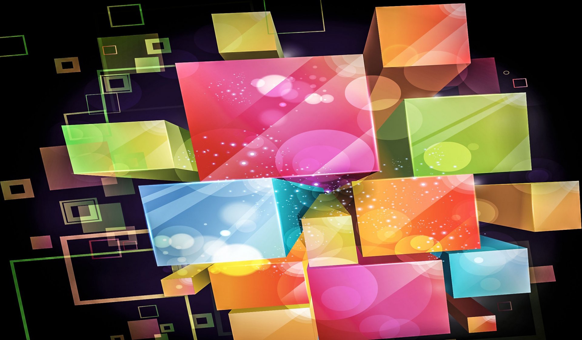 HD PC desktop wallpaper featuring an abstract, cool design of colorful, glowing 3D cubes floating against a dark background.