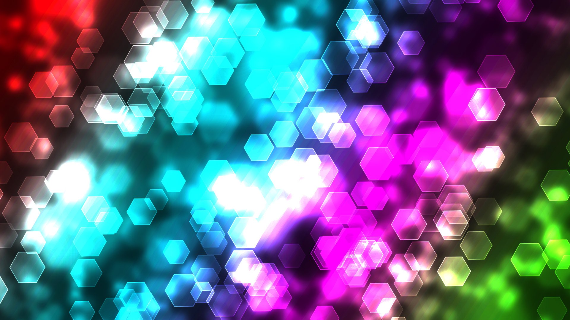 HD PC desktop wallpaper featuring vibrant abstract colors with glowing hexagonal bokeh patterns in shades of blue, purple, red, and green.