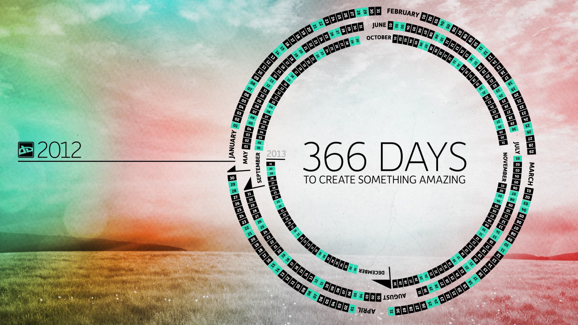 Abstract and cool HD PC desktop wallpaper featuring a circular 366-day calendar countdown with a scenic sky and grassy field background.