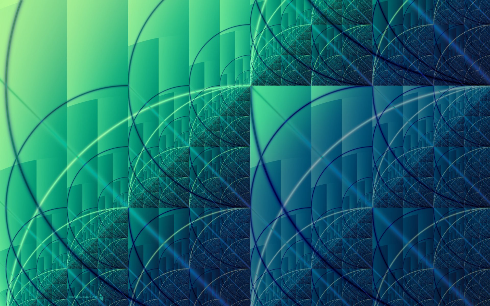 Abstract blue and green geometric waves and overlapping circular grids — abstract blue design, 2K Quad HD PC desktop wallpaper and background.
