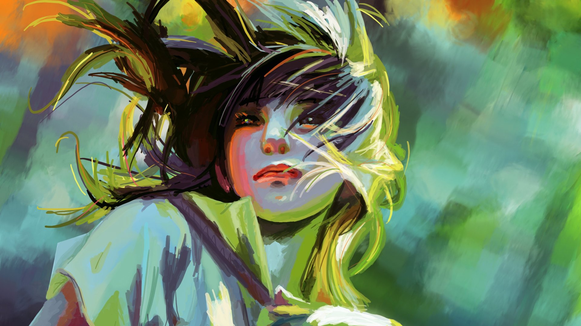 Artistic HD desktop wallpaper featuring a vibrant, colorful portrait of a woman with flowing hair against an abstract green and yellow background.