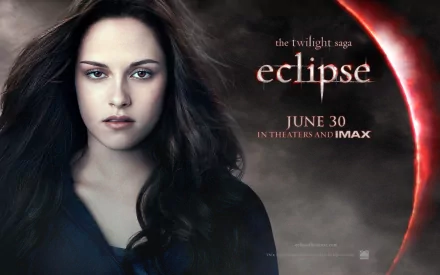 A dramatic HD wallpaper featuring Kristen Stewart as Bella Swan from the movie The Twilight Saga: Eclipse, with a promotional text highlighting the film's release date.