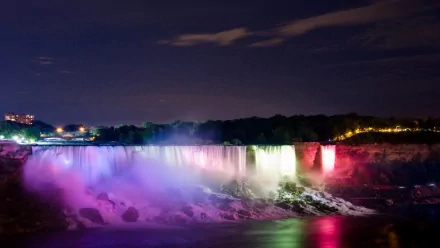 HD image of Niagara Falls at night, illuminated in vibrant colors, showcasing the majestic waterfall amidst nature.