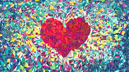 A vivid HD desktop wallpaper featuring an artistic heart at the center, surrounded by a colorful geometric pattern, creating an engaging mind teaser.