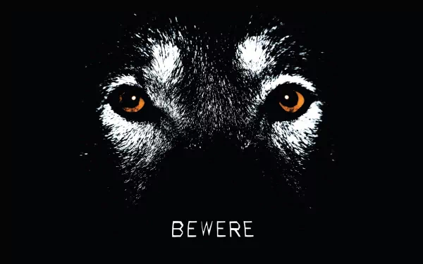 Close-up of a wolf's eyes in a dark, moody design featuring the text BEWERE, inspired by the TV show True Blood. This HD wallpaper creates an intense atmosphere.