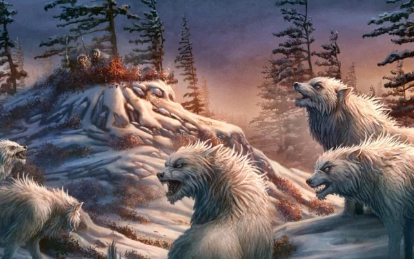 A dramatic fantasy scene featuring fierce wolves in a snowy landscape, with a mystical mountain and dark trees under a twilight sky. An immersive HD desktop wallpaper.