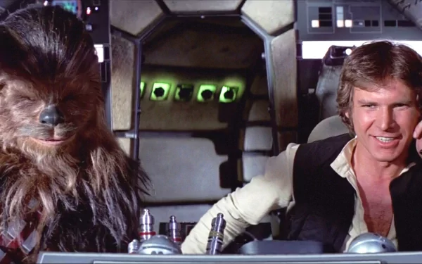 Chewbacca and Han Solo, portrayed by Harrison Ford, sit together in the cockpit of the Millennium Falcon in this vibrant Star Wars HD desktop wallpaper.