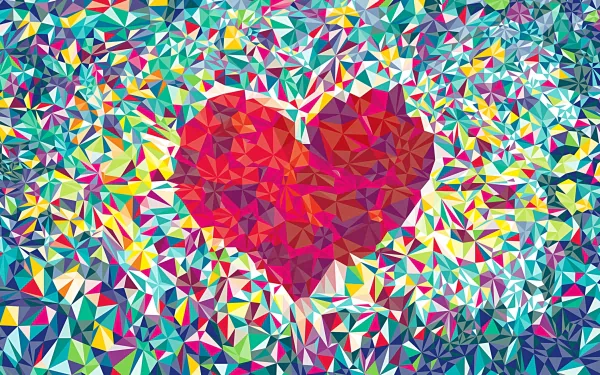 A vivid HD desktop wallpaper featuring an artistic heart at the center, surrounded by a colorful geometric pattern, creating an engaging mind teaser.