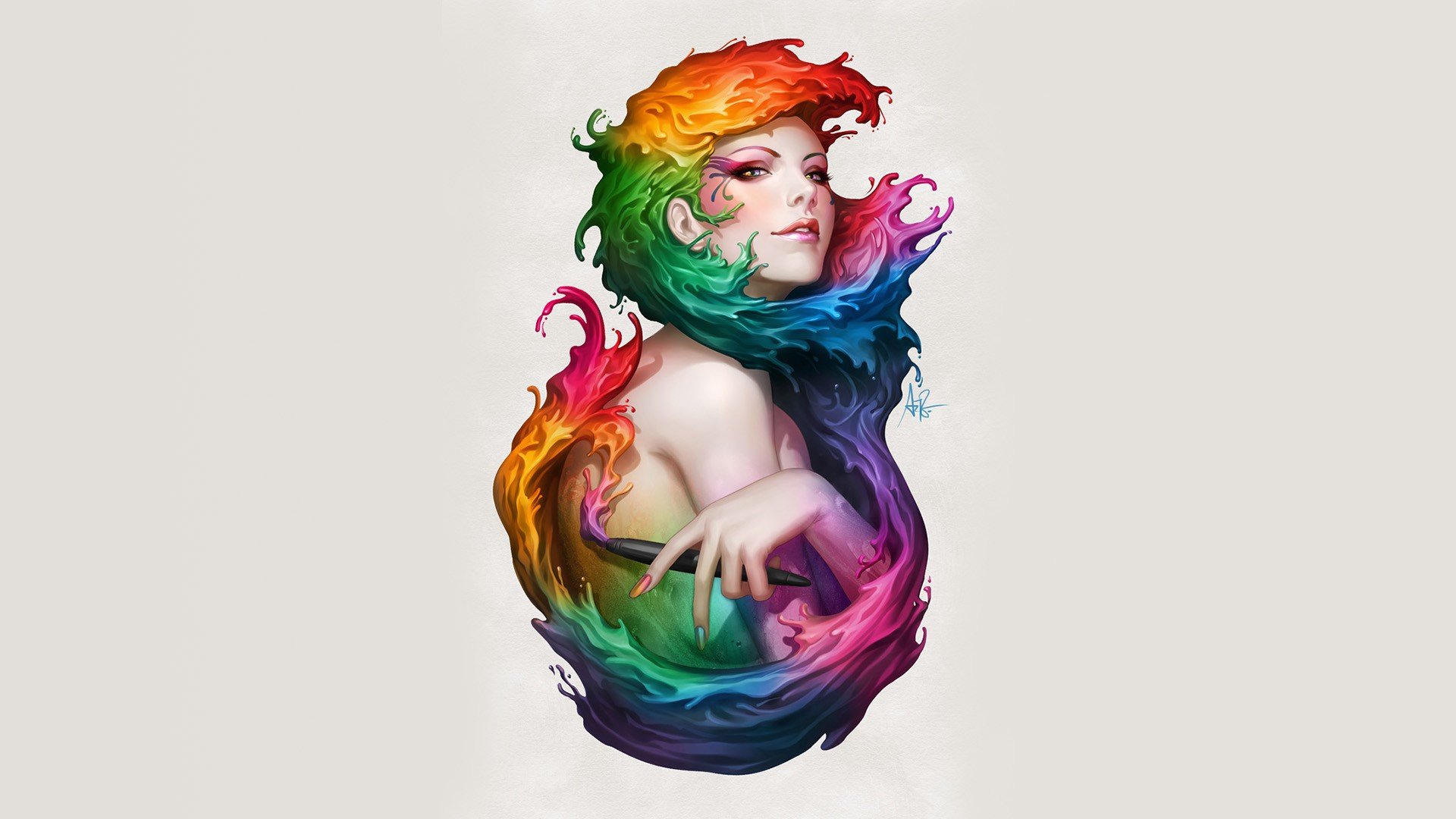 Artistic HD PC desktop wallpaper featuring a woman enveloped in vibrant, flowing rainbow-colored swirls against a light background.