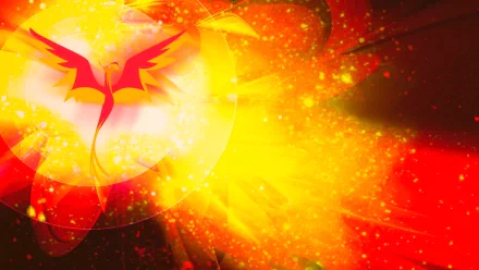 A vibrant fantasy-themed wallpaper featuring a flaming phoenix at the center, surrounded by radiant bursts of red, orange, and yellow, creating a dynamic, eye-catching backdrop.