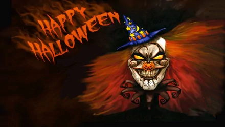 HD Halloween desktop wallpaper featuring a sinister clown with wild hair and a wizard hat, set against a dark background with Happy Halloween written in eerie, fiery letters.