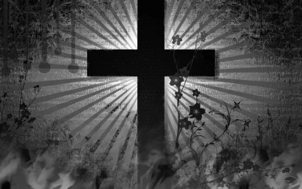 A striking black and white HD wallpaper featuring a bold cross surrounded by rays of light and delicate floral elements, capturing a deep sense of Christian faith and spirituality.