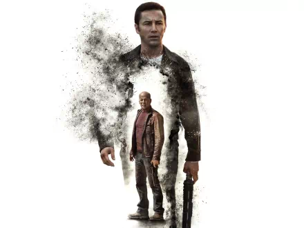 HD PC desktop wallpaper featuring a stylized double exposure of characters from the movie Looper, blending action and sci-fi elements against a white background.