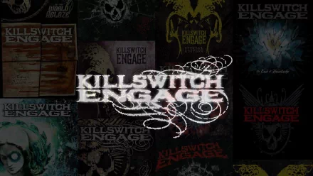HD wallpaper featuring the iconic logo of Killswitch Engage, surrounded by various album covers and artwork, capturing the essence of their music and aesthetic.