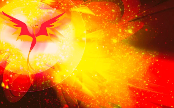 A vibrant fantasy-themed wallpaper featuring a flaming phoenix at the center, surrounded by radiant bursts of red, orange, and yellow, creating a dynamic, eye-catching backdrop.