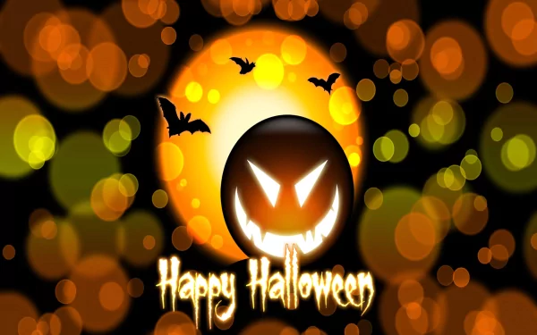 A vibrant Halloween-themed desktop wallpaper featuring a spooky pumpkin, glowing orange bokeh lights, and bats against a moonlit background with the text Happy Halloween.