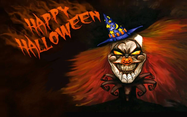 HD Halloween desktop wallpaper featuring a sinister clown with wild hair and a wizard hat, set against a dark background with Happy Halloween written in eerie, fiery letters.