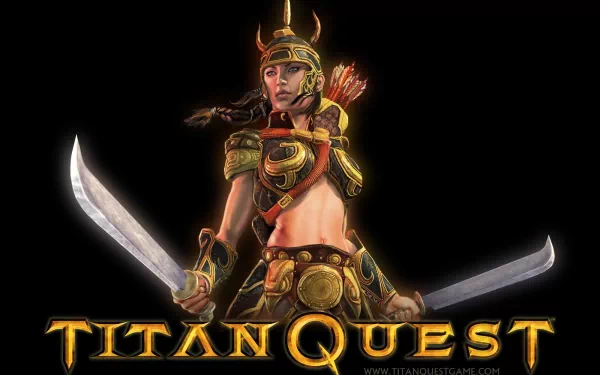HD PC desktop wallpaper featuring a fierce female warrior from the video game Titan Quest, holding two swords with the game's logo below her on a black background.