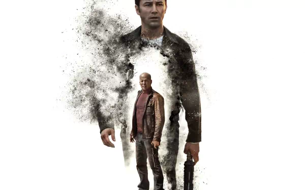 HD PC desktop wallpaper featuring a stylized double exposure of characters from the movie Looper, blending action and sci-fi elements against a white background.