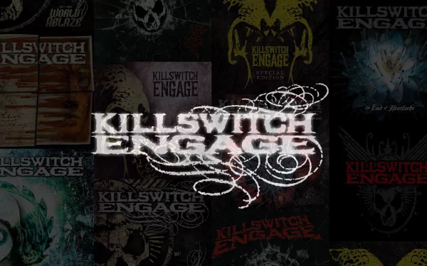 HD wallpaper featuring the iconic logo of Killswitch Engage, surrounded by various album covers and artwork, capturing the essence of their music and aesthetic.