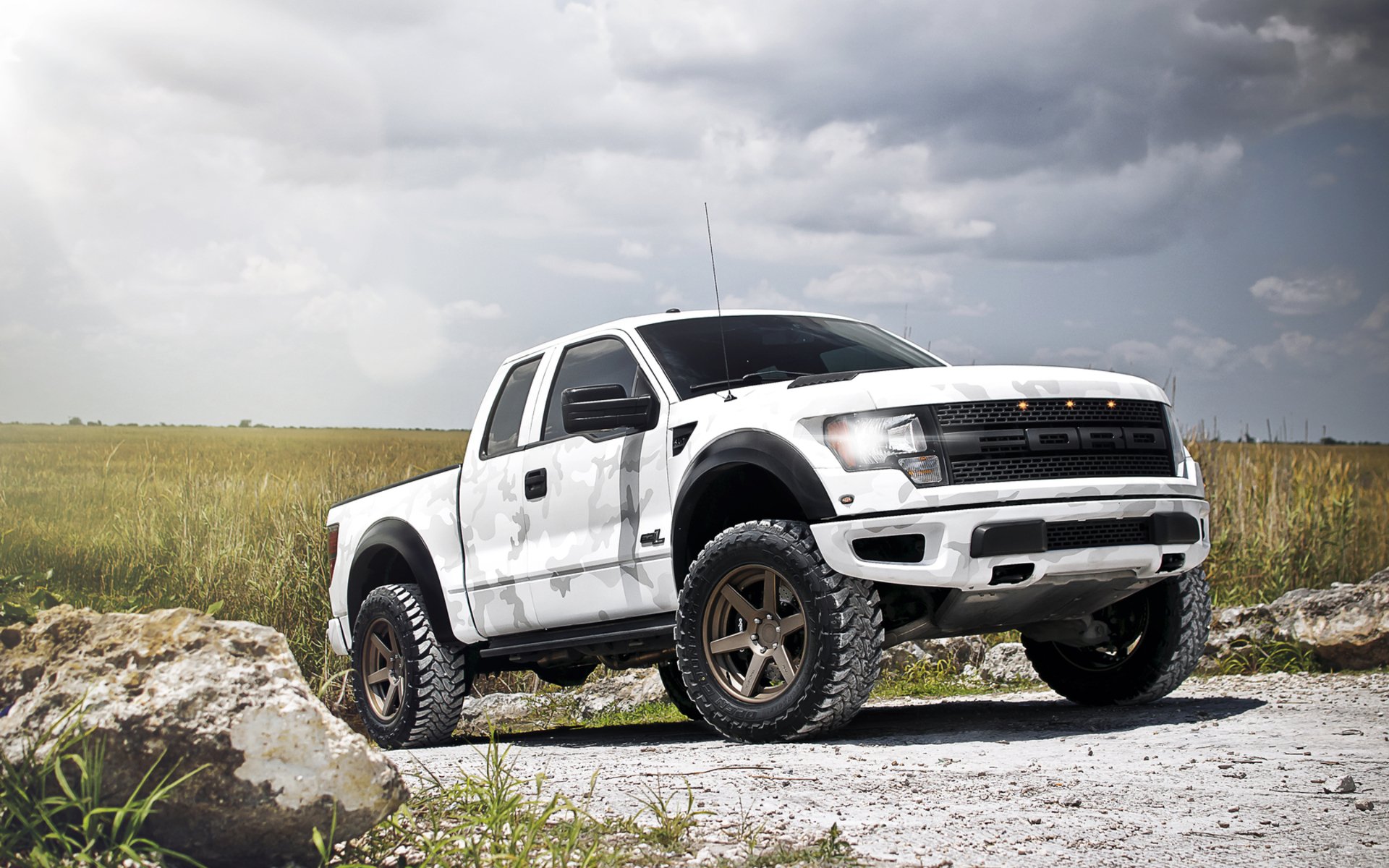 HD desktop wallpaper featuring a white Ford Raptor truck parked on a gravel road with a cloudy sky and grassy field in the background.