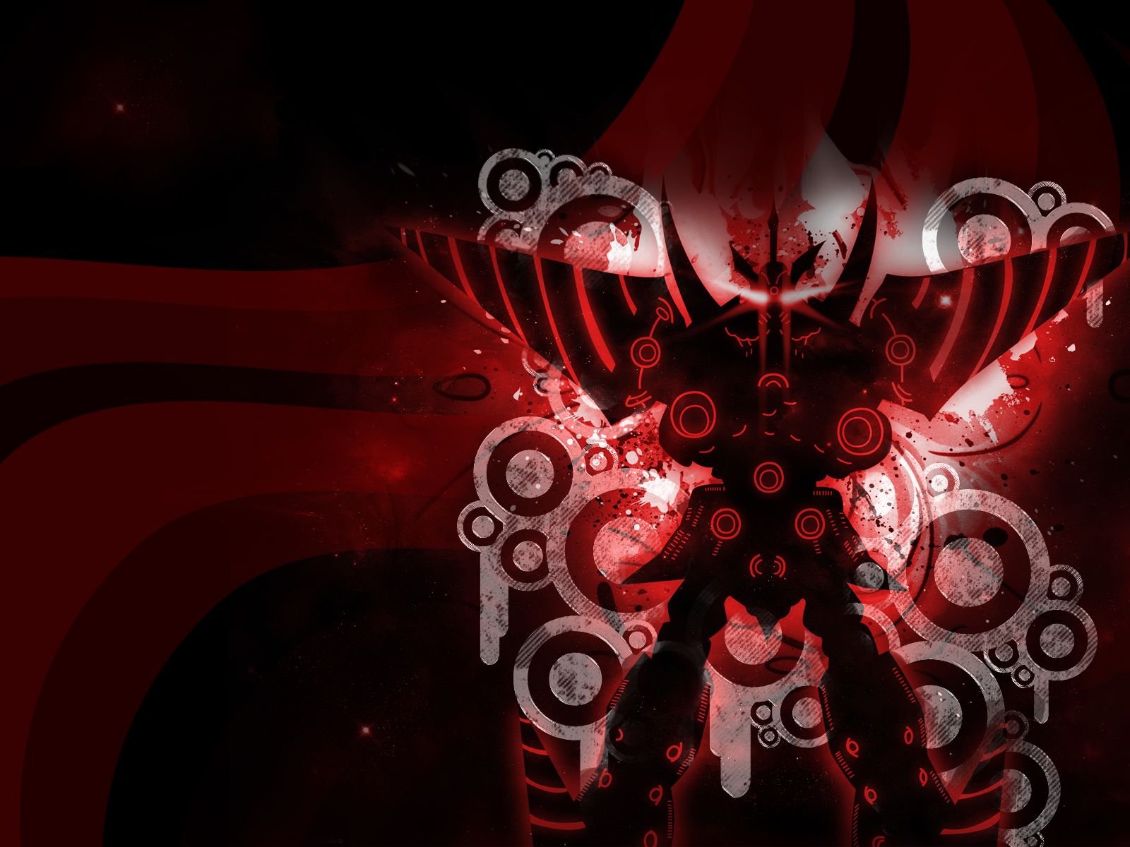 HD anime PC desktop wallpaper featuring a stylized, dramatic silhouette from Tengen Toppa Gurren Lagann with red and black tones and abstract circular patterns.