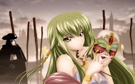 C.C. from Code Geass holds an ornate mask, showcasing her mysterious allure against a backdrop of poles and a shadowy figure, evoking the anime's dramatic atmosphere.