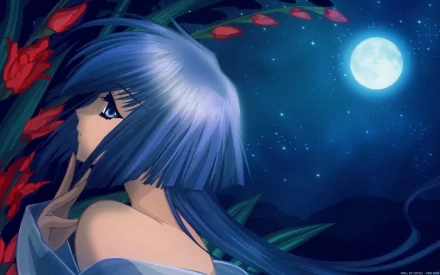 Anime-style original artwork of a blue-haired character gazing at a bright full moon against a starry night sky, designed as an HD PC desktop wallpaper.