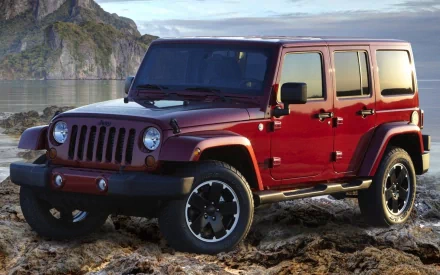 A vibrant red Jeep parked on rocky terrain, with a scenic backdrop of cliffs and water, designed as an HD desktop wallpaper and background.