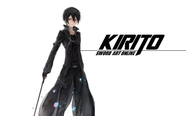 A captivating HD wallpaper featuring Kirito from Sword Art Online, showcasing his iconic black outfit and sword, set against a minimalist background with the title prominently displayed.