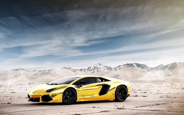 Yellow Lamborghini Aventador LP 700-4 on a cracked desert plain beneath dramatic clouds — HD PC desktop wallpaper and background.