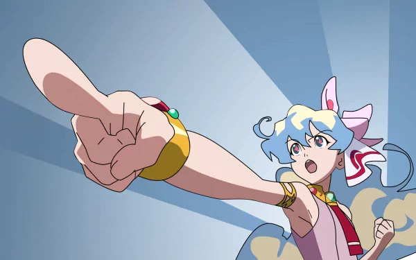Nia Teppelin from Tengen Toppa Gurren Lagann anime HD desktop wallpaper: Nia with blue hair and ribbon points dramatically forward against a stylized sunburst background