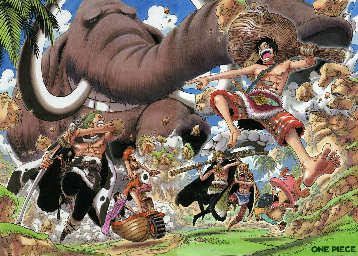 A vibrant HD desktop wallpaper featuring characters from the anime One Piece, showcasing an adventurous scene with an elephant and the iconic Straw Hat Pirates in action.