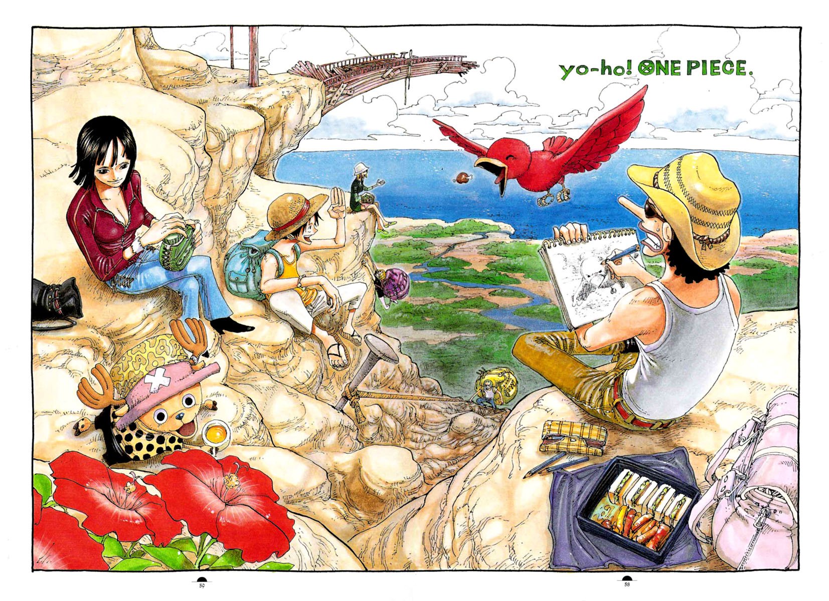 A vibrant HD wallpaper featuring characters from One Piece, set against a scenic background with cliffs, flowers, and a red bird, capturing a moment of adventure and creativity.