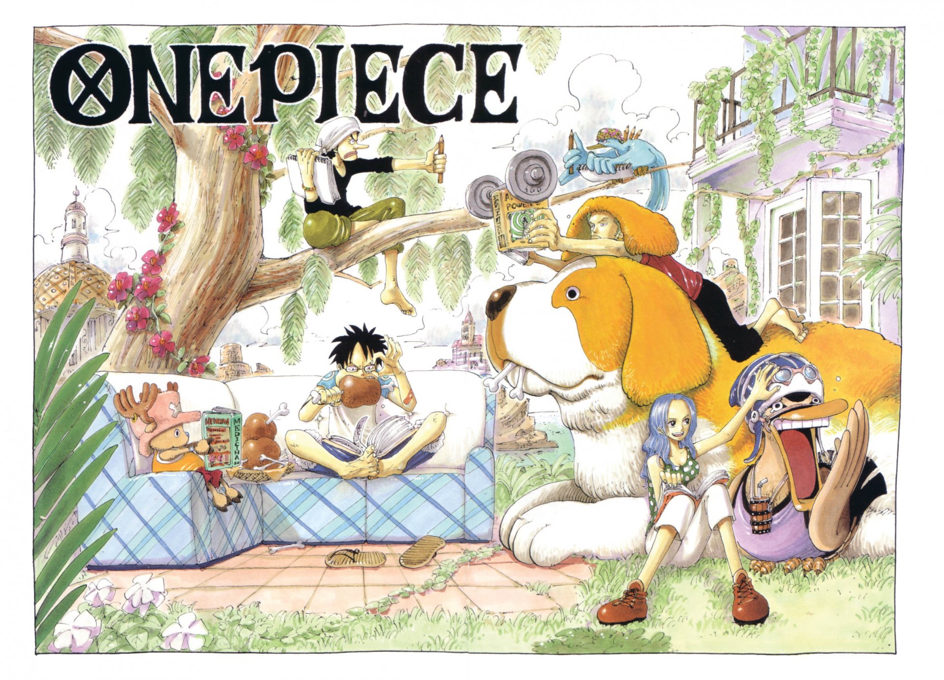 A vibrant HD wallpaper featuring characters from One Piece, set in a lively outdoor scene with a large dog, capturing a playful moment amidst lush greenery.