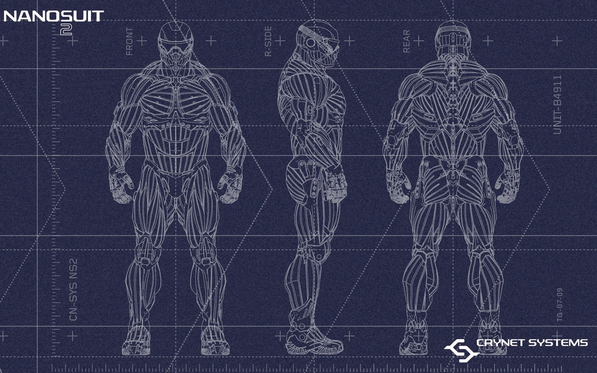 Blueprint-style HD PC desktop wallpaper showing a three-view schematic of the Nanosuit from the video game Crysis, with CryNet Systems logo.