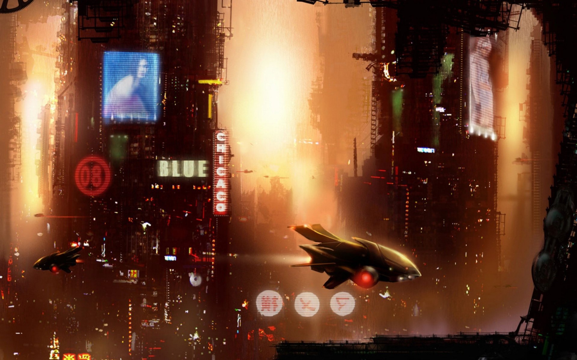 HD PC desktop wallpaper depicting a sci-fi cityscape with towering buildings, glowing signs, and sleek spaceships flying through a futuristic atmosphere.