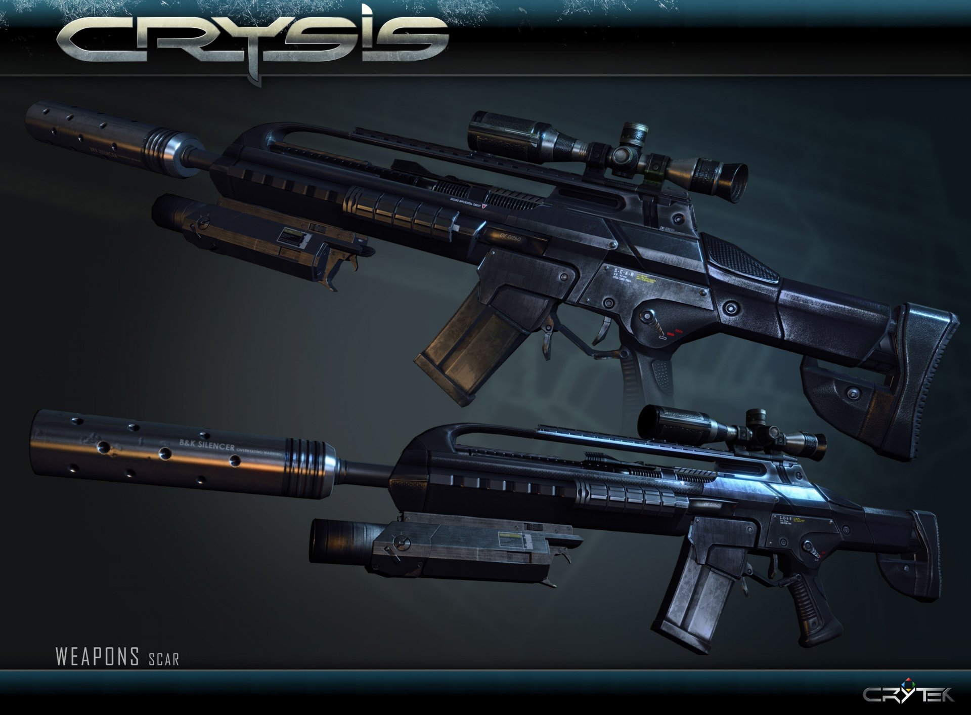 Crysis video game 2K Quad HD PC desktop wallpaper: two futuristic black tactical rifles with scopes and suppressors on a dark metallic background.