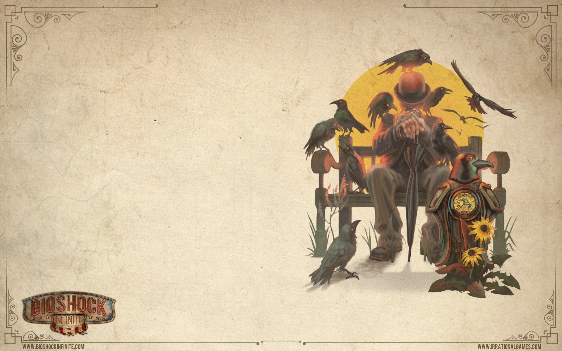 Bioshock Infinite video game HD PC desktop wallpaper: sepia artwork of a seated man surrounded by crows and sunflowers on a textured parchment background.